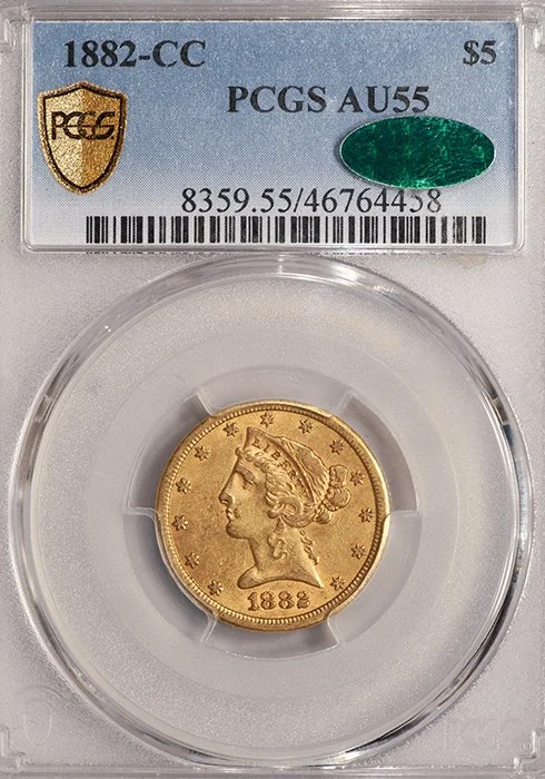 Half Eagle. 1882-CC Carson City $5 gold coin. PCGS AU55 CAC.
