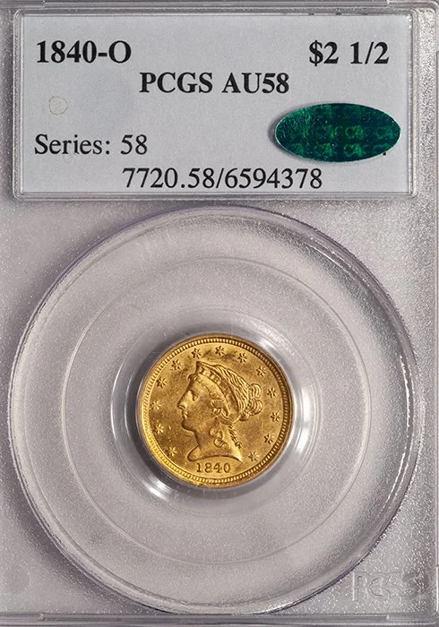 Quarter Eagle. 1840-O New Orleans $2.50 gold coin. PCGS AU58 CAC.