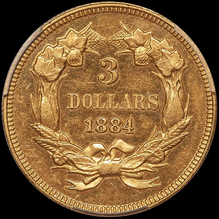 Three Dollars. Proof 1884 $3 gold coin. PCGS PR62 CAC. (Copy)