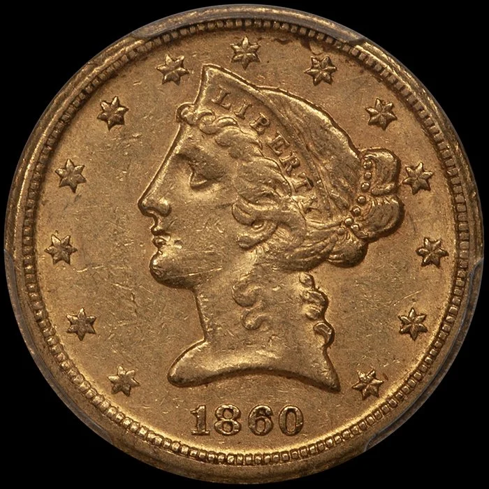 Half Eagle. 1860-D Large D Dahlonega $5 gold coin. PCGS AU55.