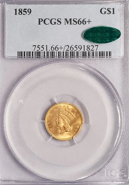 Gold Dollar. 1859 $1 gold coin. PCGS MS66+ CAC.