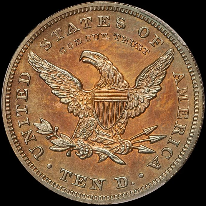 Eagle. 1861 J-287 pattern copper $10 gold coin. PR62BN CACG.
