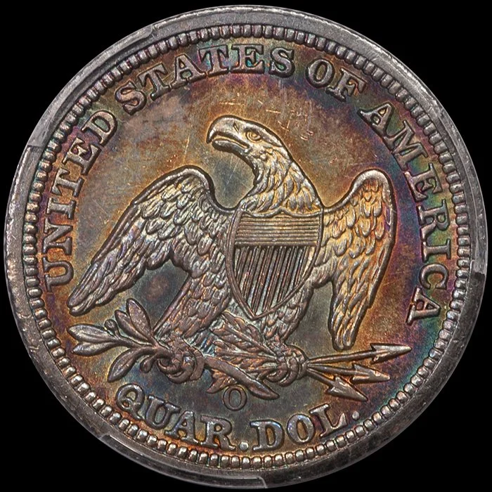 Quarter. 1849-O New Orleans silver 25c. PCGS MS63 CAC. Toned.
