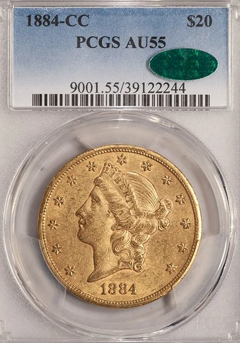 Double Eagle. 1884-CC Carson City $20 gold coin. PCGS AU55 CAC.