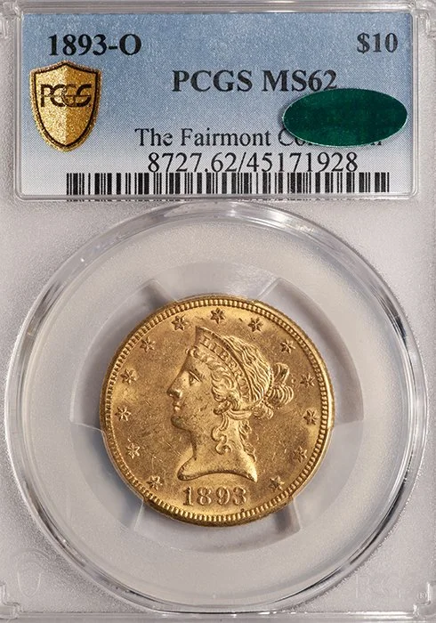 Eagle. 1893-O New Orleans $10 gold coin. PCGS MS62 CAC.
