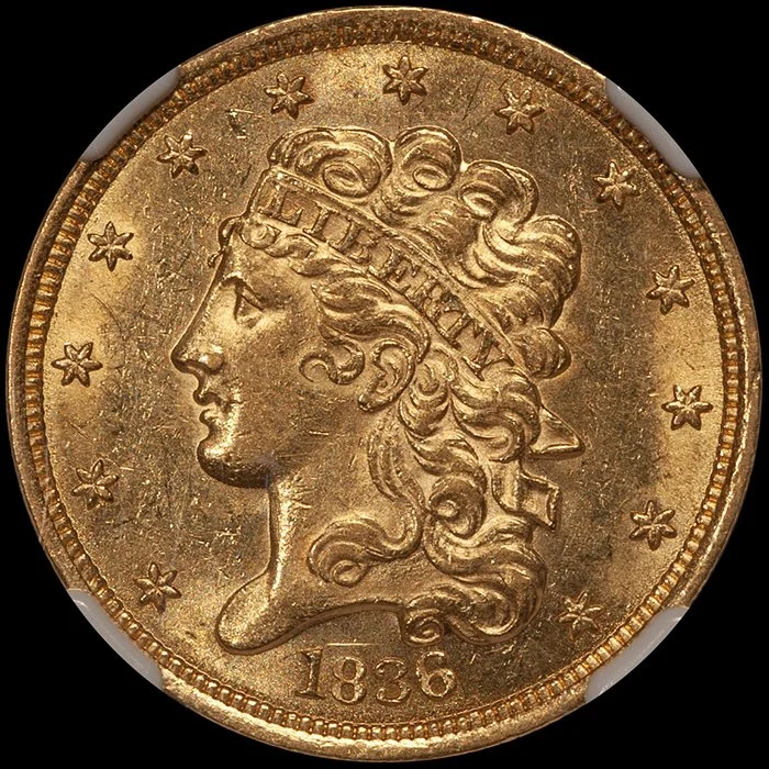 Half Eagle. 1836 $5 gold coin. NGC AU58 CAC.