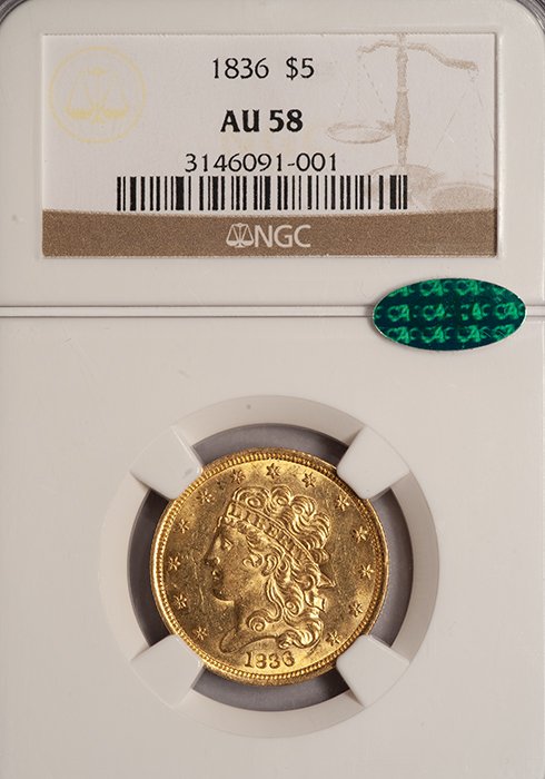 Half Eagle. 1836 $5 gold coin. NGC AU58 CAC.