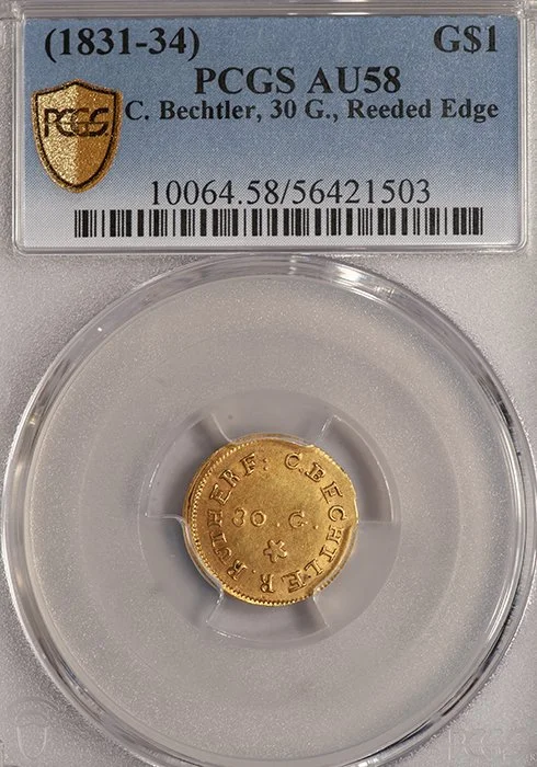 Gold Dollars. (1831-34) C. Bechtler $1 gold coin. PCGS AU58. 30 G., Reeded Edge.