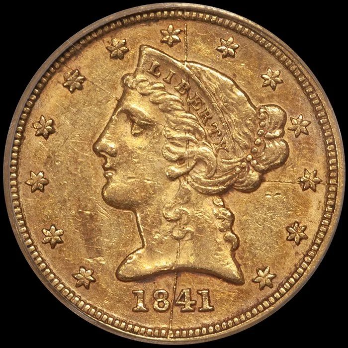 Half Eagle. 1841-D, Small D, Dahlonega $5 gold coin. PCGS AU50.