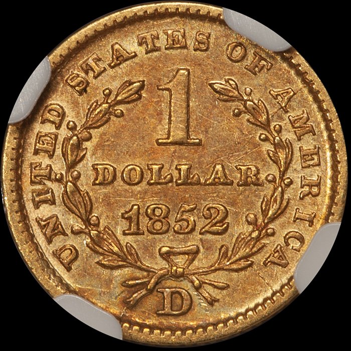 Gold Dollar. 1852-D Dahlonega $1 gold coin. NGC AU55 CAC.