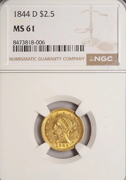 Quarter Eagle. 1844-D Dahlonega $2.50 gold coin. NGC MS61.