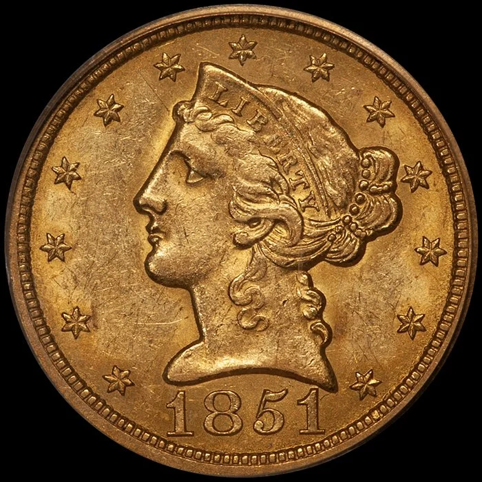 Half Eagle. 1851-O New Orleans $5.00 gold coin. PCGS MS61.