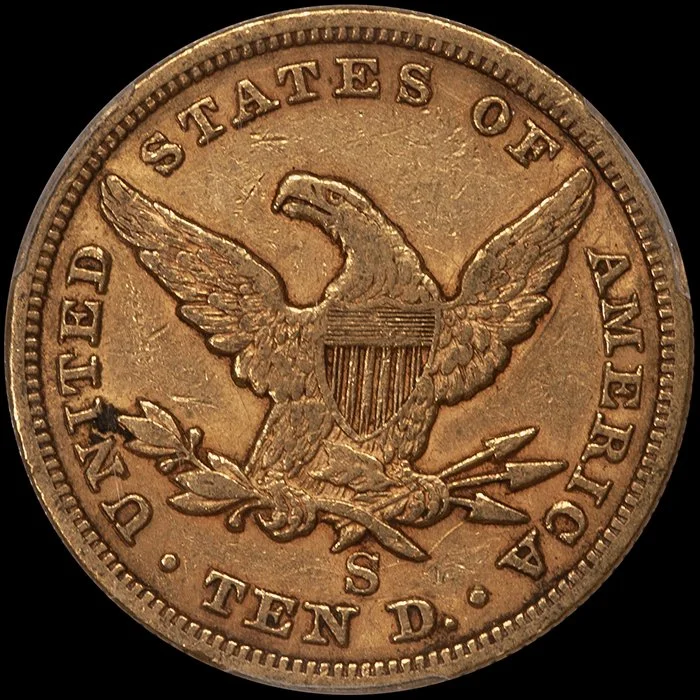 Eagle. 1865-S San Francisco $10 gold coin. PCGS EF45, Fairmont.