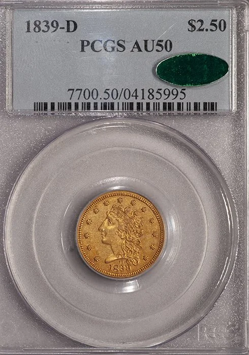 Quarter Eagle. 1839-D Dahlonega $2.50 gold coin. PCGS AU50 CAC.
