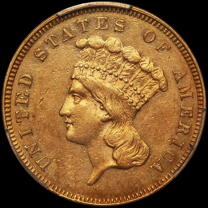 Three Dollars. 1859 Proof $3.00 gold coin. PCGS PR58. JD-2.