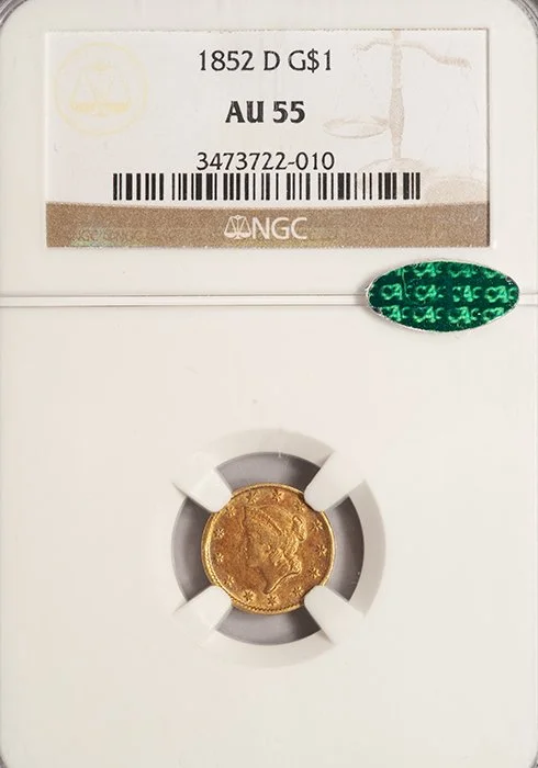 Gold Dollar. 1852-D Dahlonega $1 gold coin. NGC AU55 CAC.