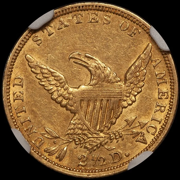 Quarter Eagle. 1836 Script 8. $2.50 gold coin. NGC AU58 CAC.