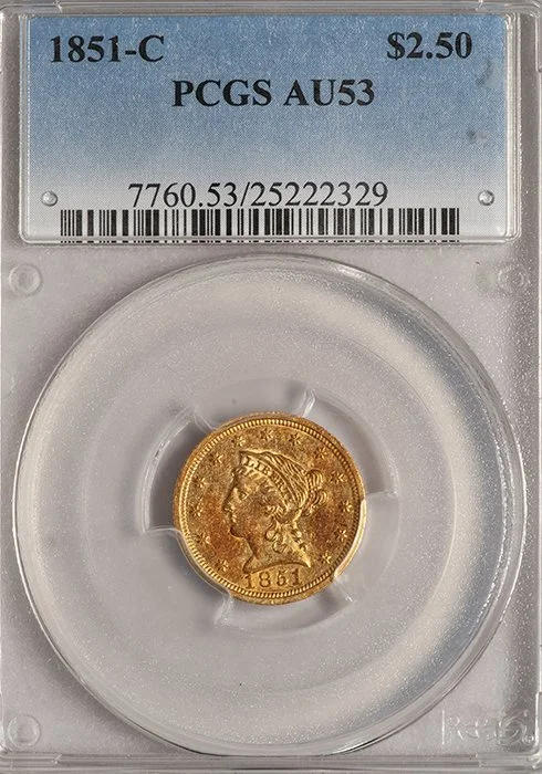 Quarter Eagle. 1851-C Charlotte $2.50 gold coin. PCGS AU53.