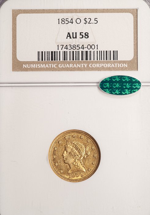 Quarter Eagle. 18-O New Orleans $2.50 gold coin. NGC AU58 CAC.