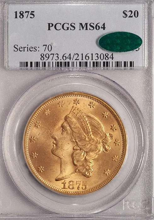 Double Eagle. 1875 $20 gold coin. PCGS MS64 CAC.