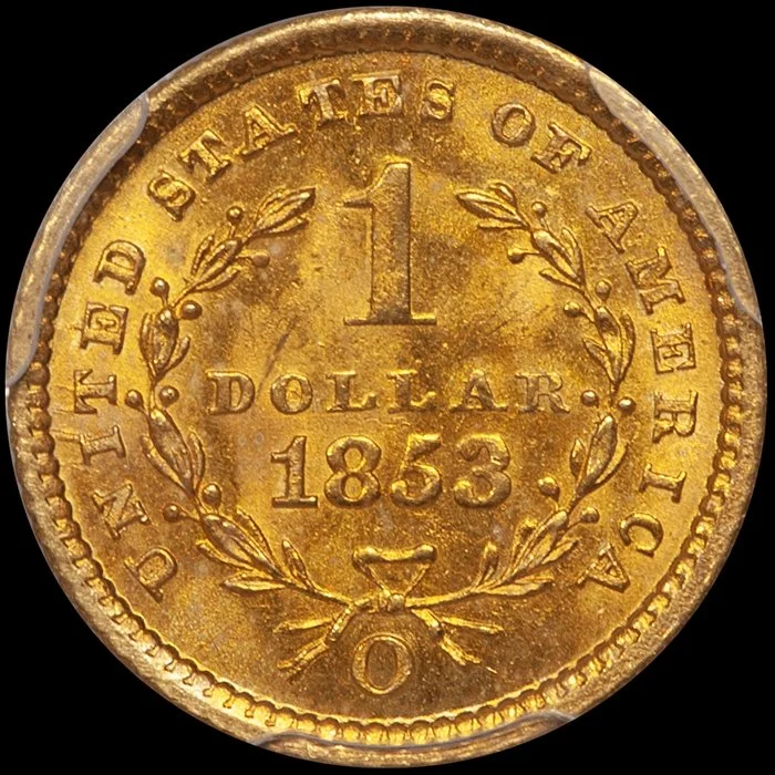 Gold Dollar. 1853-O New Orleans $1 gold coin. PCGS MS65.