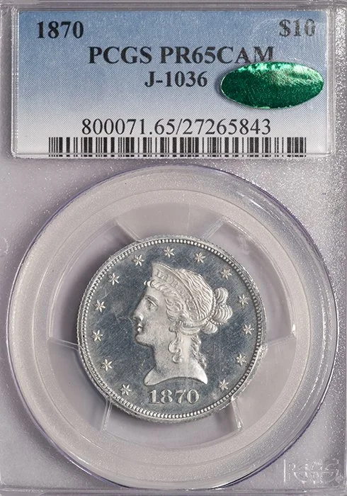 Eagle. 1870 Pattern $10 gold coin. J-1036. PCGS PR65CAM.