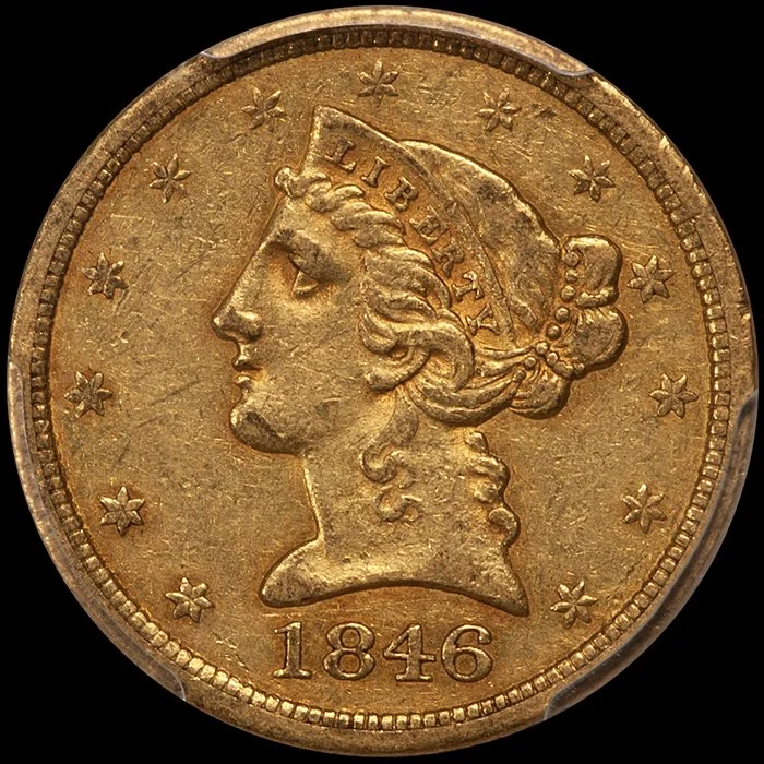 Half Eagle. 1846-O New Orleans $5 gold coin. PCGS AU55 CAC, ex Fairmont.