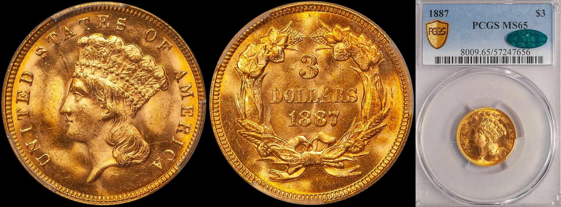 Three Dollars. 1887 $3.00 gold coin. PCGS MS65 CAC.