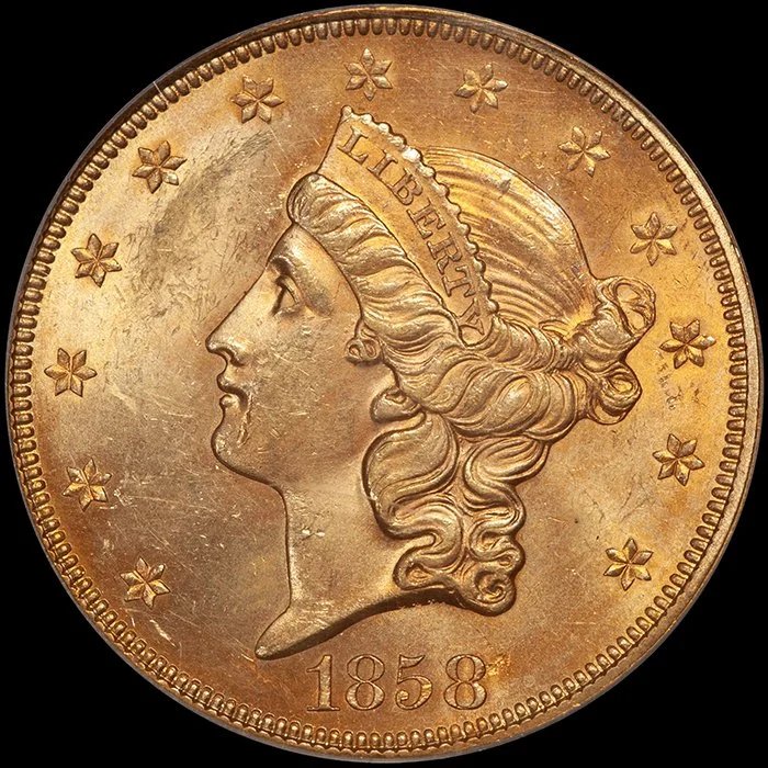 Double Eagle. 1858 $20 gold coin. PCGS MS62 CAC.