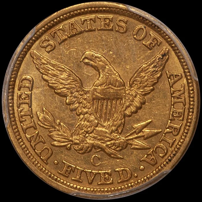 Half Eagle. 1861-C Charlotte $5.00 gold coin. PCGS AU58 CAC.