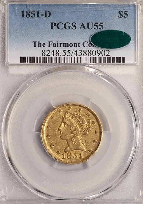 Half Eagle. 1851-D Dahlonega $5 gold coin. PCGS AU55 CAC.