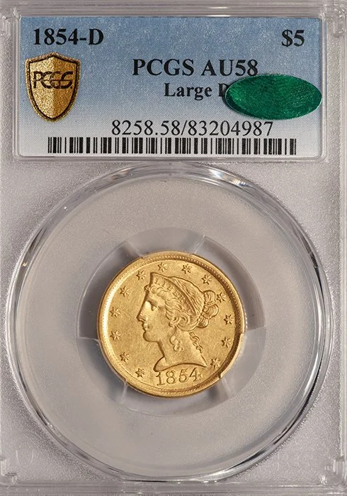 Half Eagle. 1854-D Dahlonega Large D $5.00 gold coin. PCGS AU58 CAC.