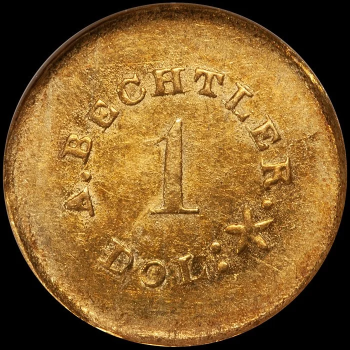 Gold Dollar. A. Bechtler $1 gold coin. NGC AU58 CAC. 27gr. 21 c.
