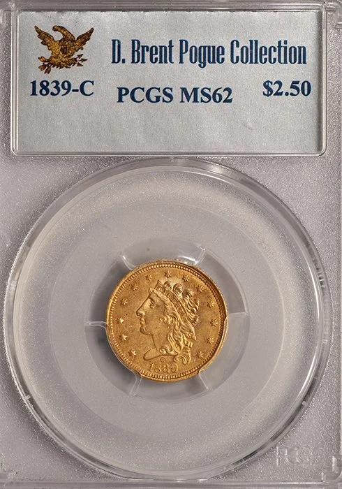 Quarter Eagle. 1839-C Charlotte $2.50 gold coin. PCGS MS62.
