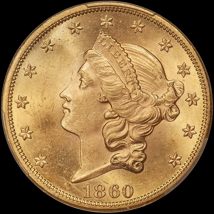 Double Eagle. 1860 $20 gold coin. PCGS MS64 CAC.