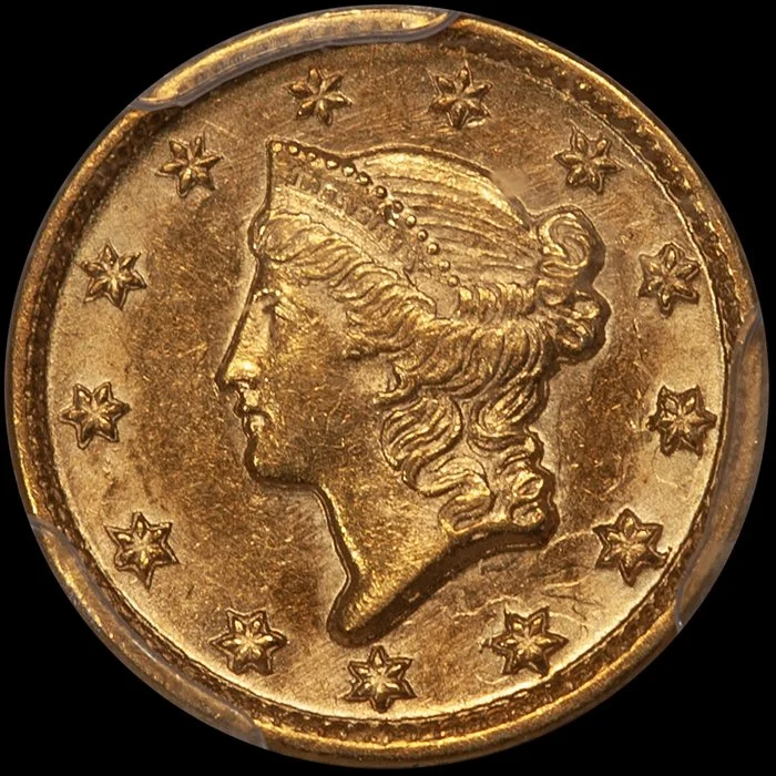 Gold Dollar. 1851-D Dahlonega $1.00 gold coin. PCGS MS62.