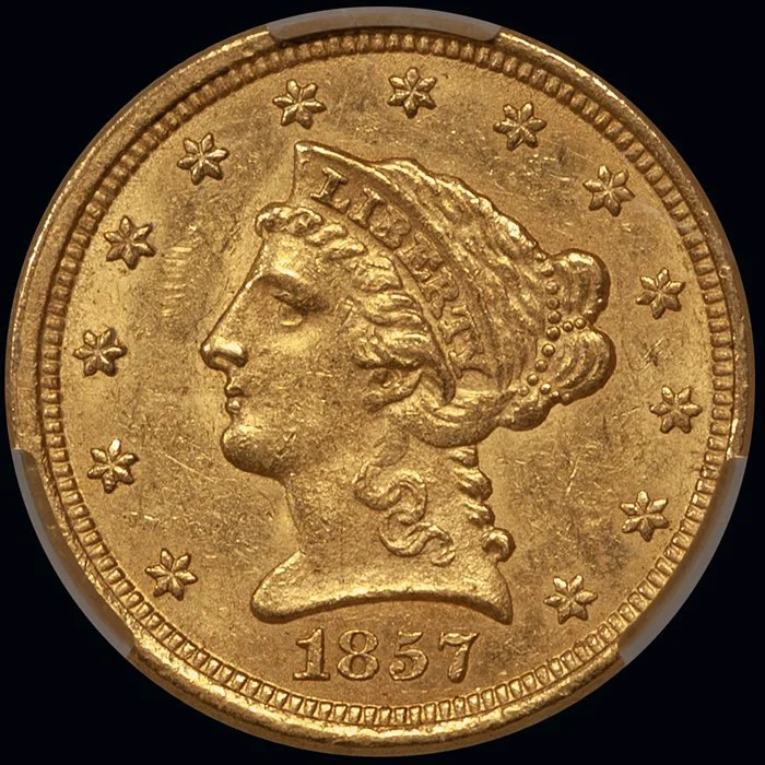 Quarter Eagle. 1857-O New Orleans $2.50 gold coin. CACG MS61.