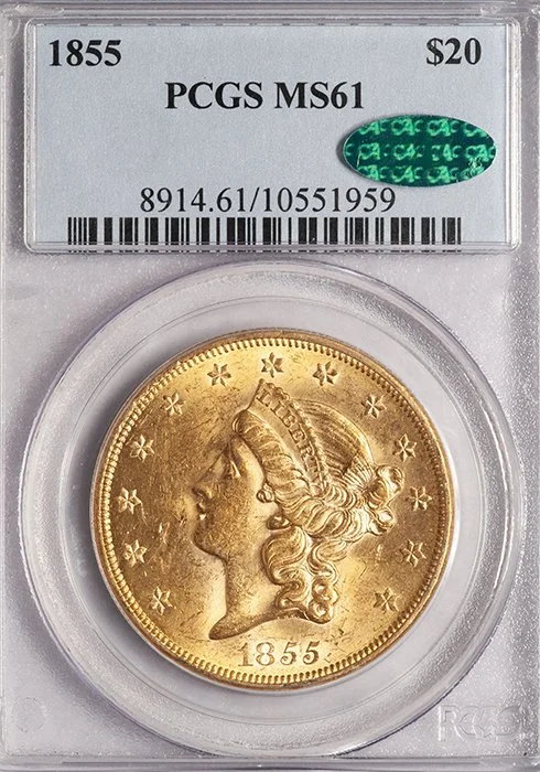 Double Eagle. 1855 $20 gold coin. PCGS MS61 CAC. (Copy)