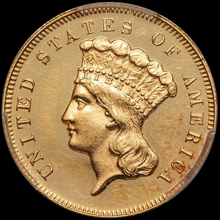 Three Dollars. 1872 $3 gold coin. PCGS PR62 Cameo.