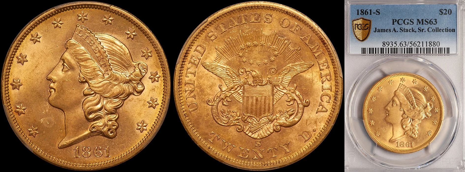 Double Eagle. 1861-S San Francisco $20 gold coin. PCGS MS63.