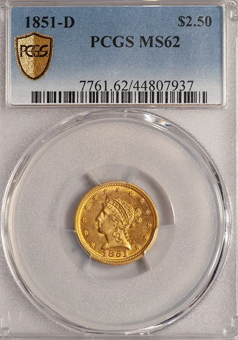 Quarter Eagle. 1851-D Dahlonega $2.50 gold coin. PCGS MS62.