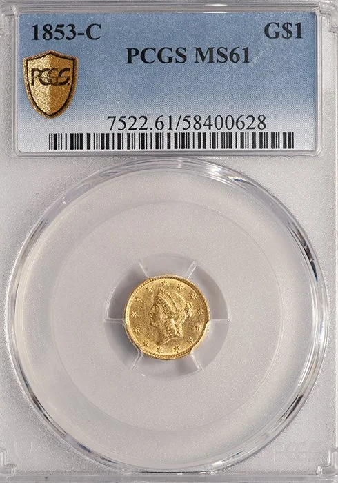 Gold Dollar. 1853-C Charlotte $1 gold coin. PCGS MS61.