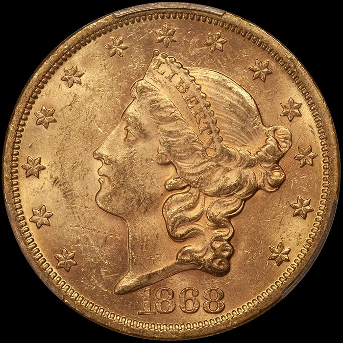 Double Eagle. 1868 $20 gold coin. PCGS MS62.