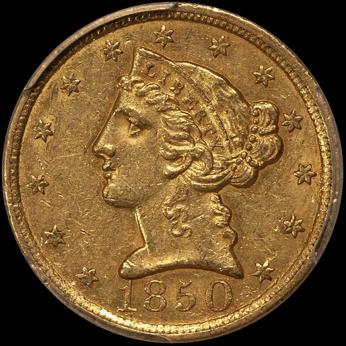Half Eagle. 1850-C Charlotte $5 gold coin. PCGS AU58 CAC. ex Fairmont.