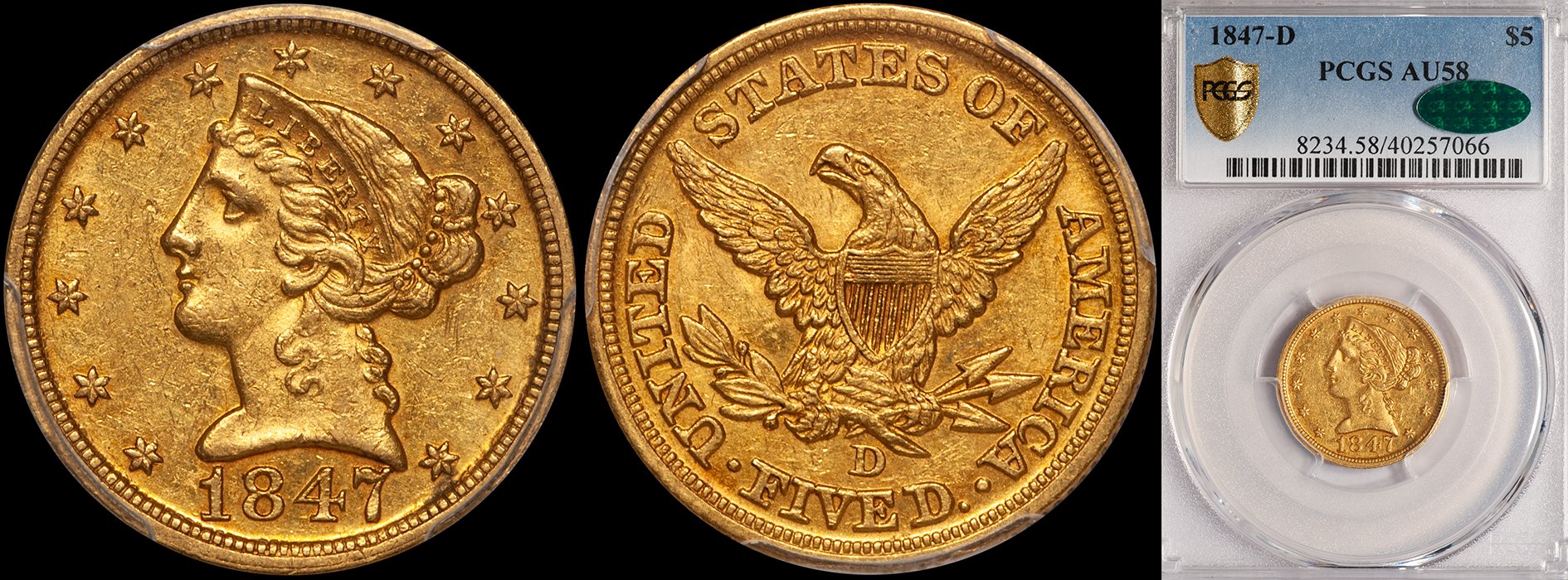 Half Eagle. 1847-D Dahlonega $5 gold coin . PCGS AU58 CAC.
