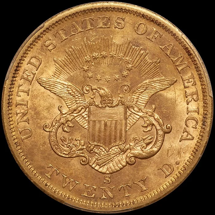 Double Eagle. 1861-S San Francisco $20 gold coin. PCGS MS63.