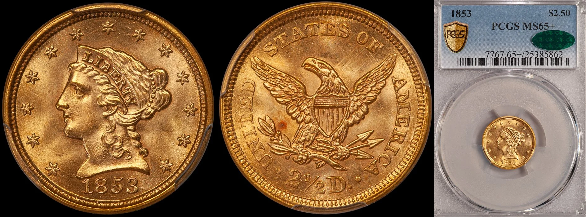ON HOLD - $2.50 - 1853 PCGS MS65+ CAC