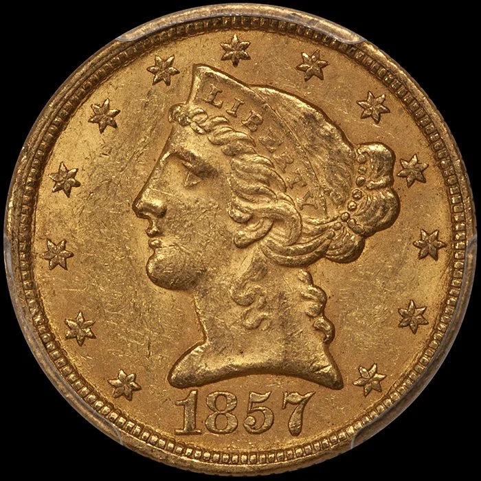 alf Eagle. 1857-C Charlotte $5 gold coin. PCGS MS61, ex Fairmont.