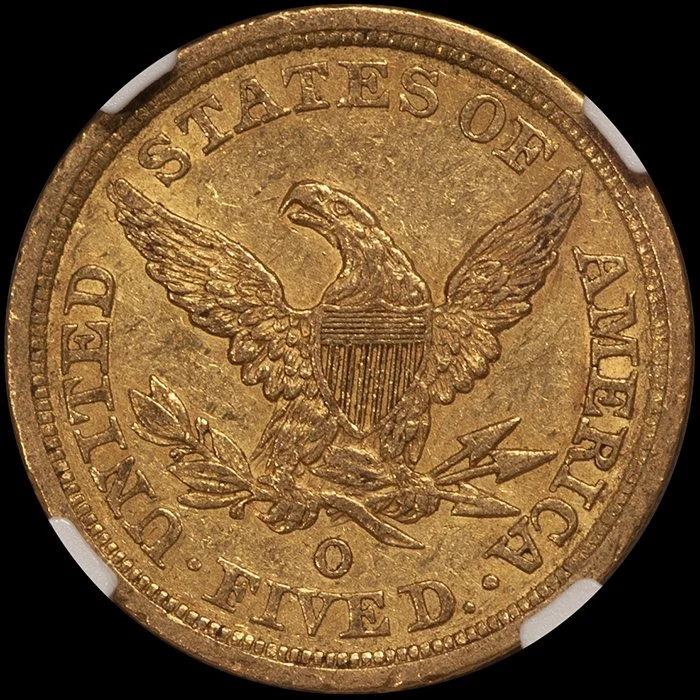 Half Eagle. 1845-O New Orleans $5 gold coin. NGC AU50+ CAC.
