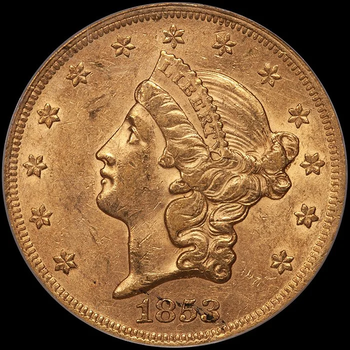 Double Eagle. 1853 RPD $20 gold coin. PCGS AU55 CAC.